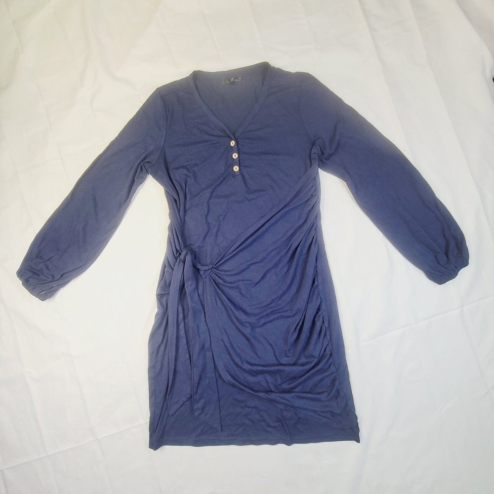 Yathon Women's Large Navy Blue Long Sleeve Faux Wrap Ruched Henley Dress G78